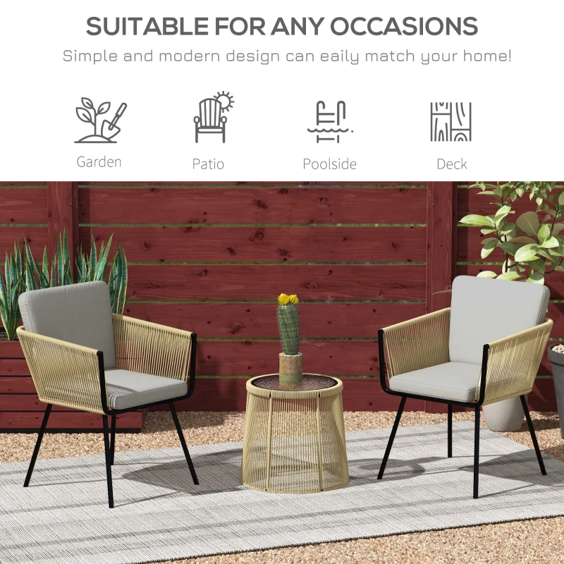Outsunny Set mobilier de Grădină cu 2 Scaune și Măsuță de Cafea cu Blat din Sticlă, Ø49x47 cm, Maro