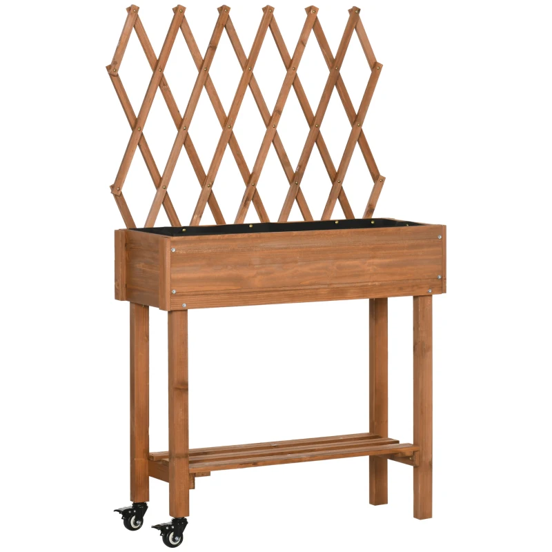 Outsunny Buitenzonnig verhoogd bed met traliewerk bloembak met plank, wielen voor balkonhout