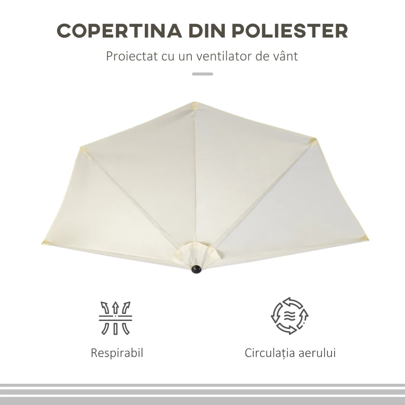 Outsunny Umbrelă Semicirculară de Perete cu Manivelă și 5 Spițe, 2.6x1.35x2.3 m, Bej