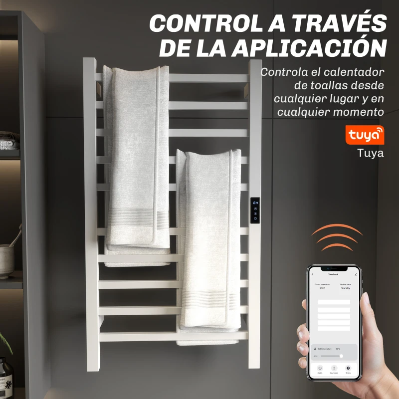 HOMCOM Toallero Eléctrico de Pared con Wi-Fi 10 Barras Temperatura Ajustable y Temporizador IPX4 45x11x80 cm Blanco