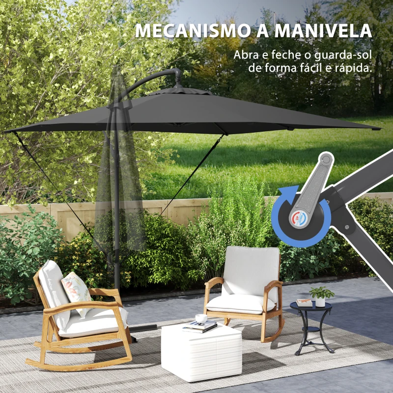 Outsunny Chapéu de Sol Excêntrico 247x247 cm com Base Cruzada Capa Ajustável Manivela Capa Protectora e Corda de Vento Cinza Escuro