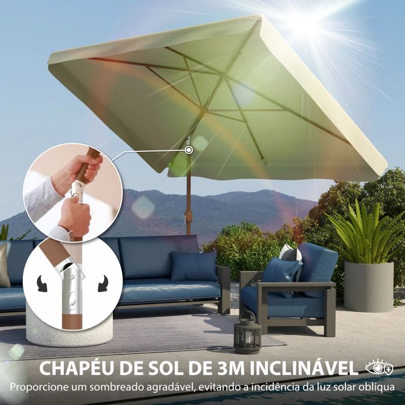 Outsunny Chapéu de Sol de Jardim 300x200 cm com Ângulo Ajustável Mastro de Alumínio Manivela e Proteção UV 50+ Bege