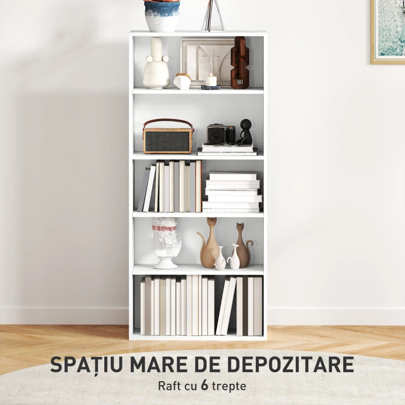 HOMCOM Bibliotecă cu 5 Niveluri și Rafturi Ajustabile, 60x24x133,5 cm, Alb(m-4)