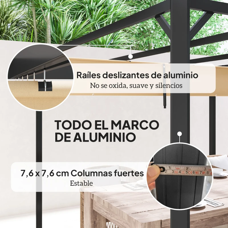 Outsunny Pérgola Retráctil de Aluminio 3x3 m con Techo Ajustable Cortina Enrollable y Protección UV para Jardín o Terraza Caqui