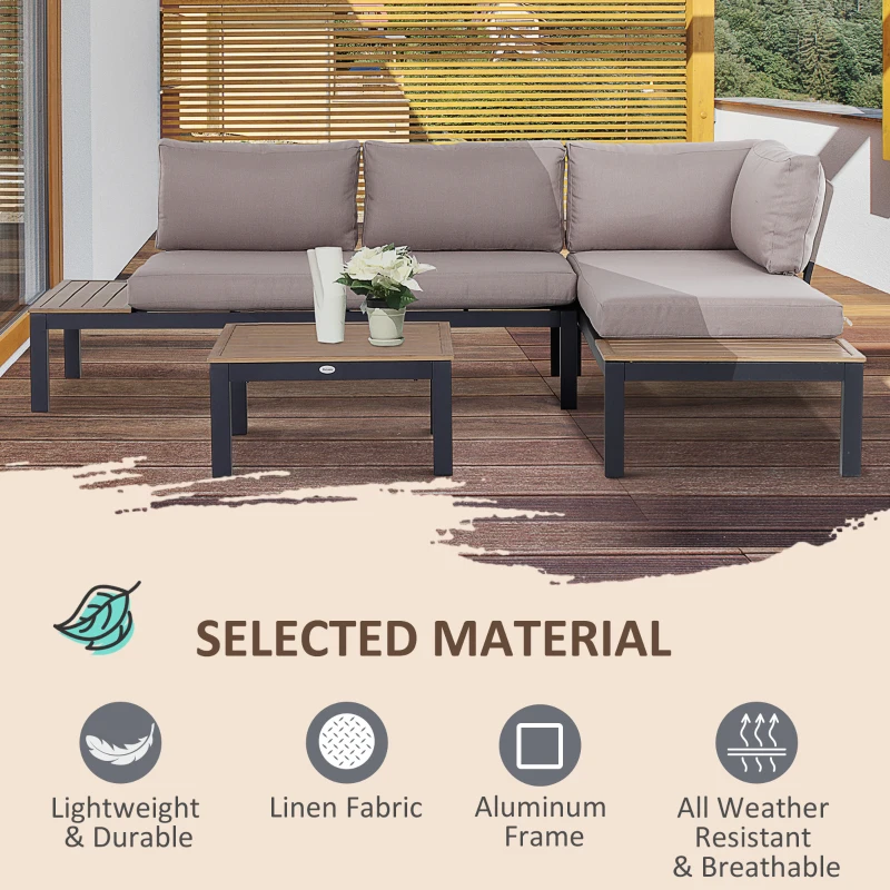 Outsunny tuinset aluminium tuinbank 164cm tuintafel 63cm tuin comfort meubilair, Grijs + natuur