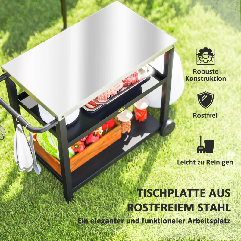 Outsunny Grillwagen 3-Etagen Servierwagen mit Arbeitsfläche Ablagen Haken Räder, Edelstahl 102x50x81cm Kohlegrau