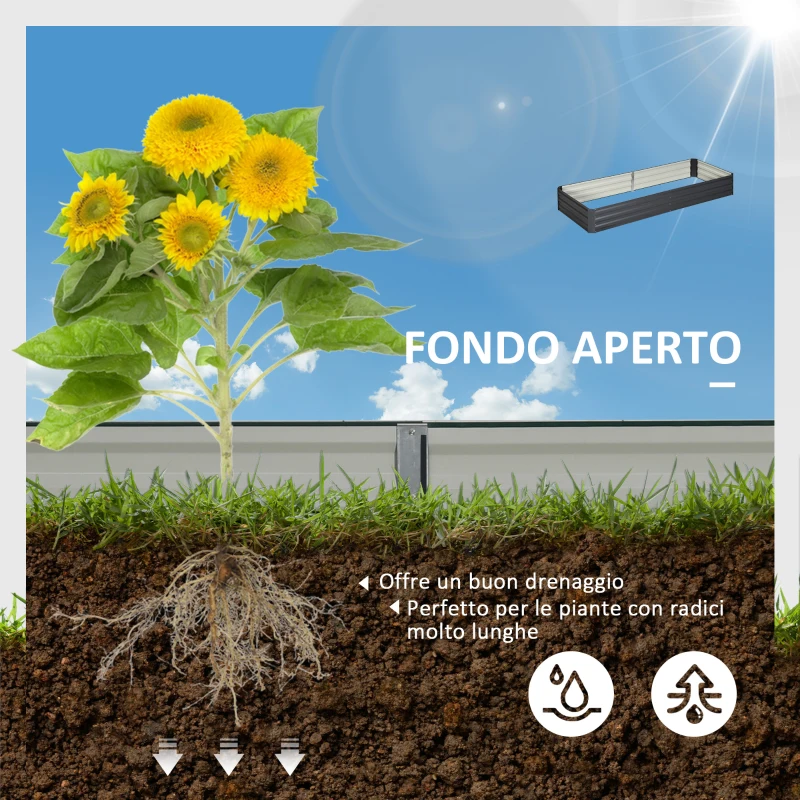 Outsunny Letto per Orto Rialzato in Metallo da Esterno per Fiori e Ortaggi, 241x90,5x30 cm, Grigio