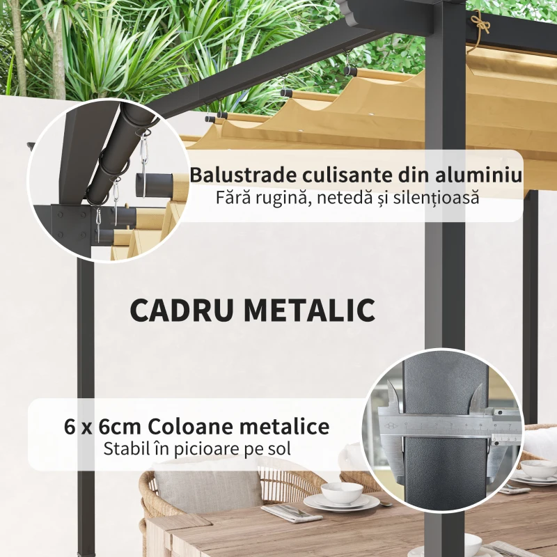 Outsunny Pergolă de Grădină cu Acoperiș Retractabil și Cadru Metalic, 300x300x227 cm, Bej(m-5)