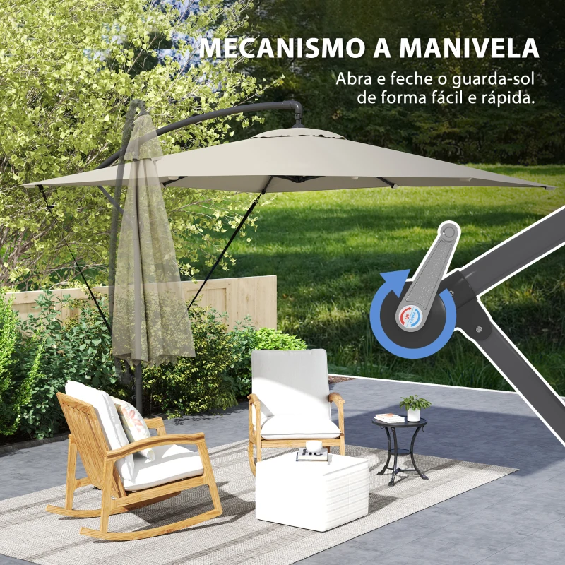 Outsunny Chapéu de Sol Excêntrico 247x247 cm com Base Cruzada Capa Ajustável Manivela Capa Protectora e Corda de Vento Caqui