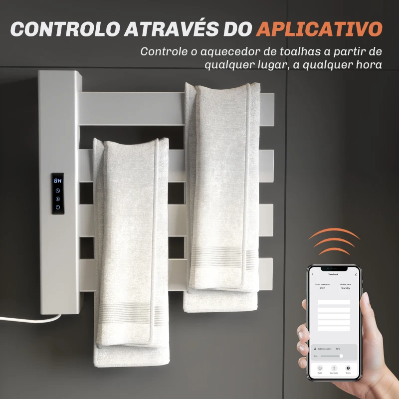 HOMCOM Toalheiro Elétrico de Parede 130W com Control WIFI Ecrã Tátil Temporizador 4 Barras Temperatura Ajustável Baixo Consumo IPX4 47,5x9,5x49 cm Branco