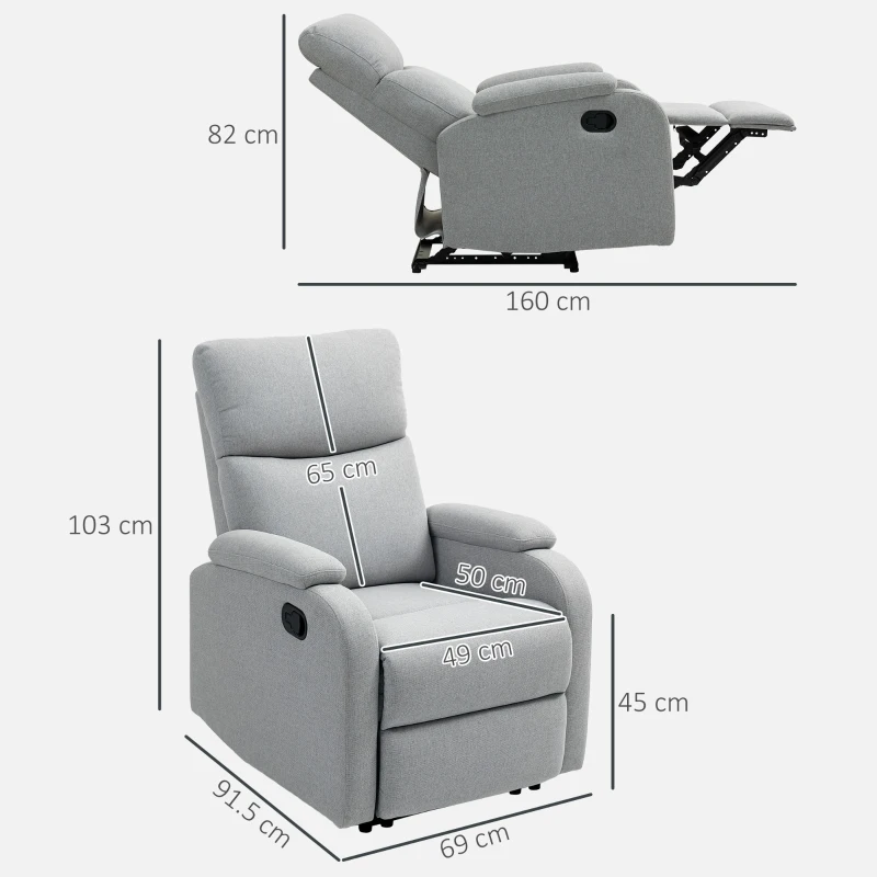 HOMCOM Fotoliu Recliner din In cu Suport Reglabil pentru Picioare, 69x91,5x103 cm, Gri