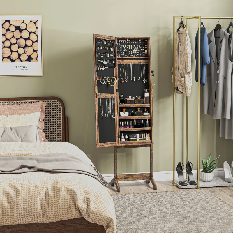 HOMCOM Espelho Joalheiro de Pé com Ângulos Ajustáveis Fechadura Magnética Organizador de Joias com Prateleiras 46x36,5x151,5cm Marrom Rústico