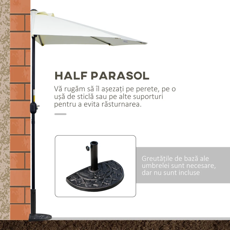 Outsunny Umbrelă Semicirculară de Perete cu Manivelă și 5 Spițe, 2.6x1.35x2.3 m, Bej