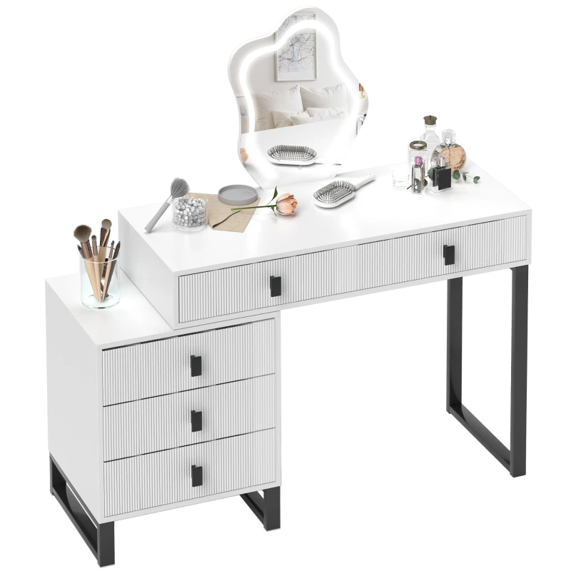 HOMCOM Dressing Table, Vanity Desk with Leaf Shape Mirror, Makeup Table with 5 Drawers, 3-Colour LED Lights, 100x40cm Tabletop, White