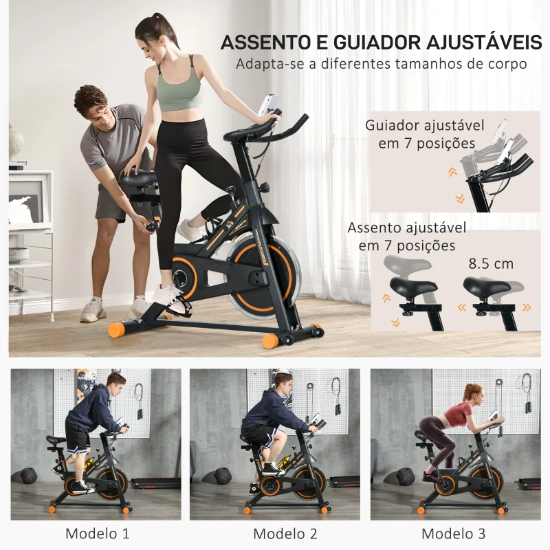 HOMCOM Bicicleta Estática com Resistência Ajustável Volante de Inércia de 8kg Ecrã LCD Assento e Guiador Ajustáveis 103x48x115cm Preto e Laranja