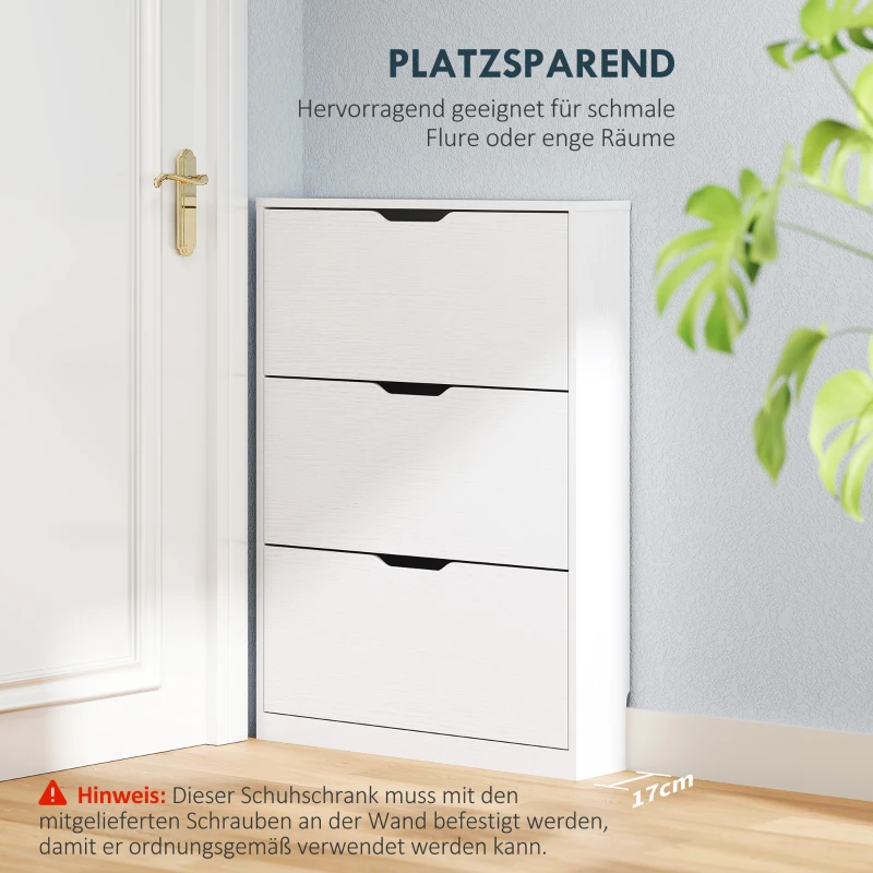 HOMCOM Schuhschrank mit 3 Klappschubladen, für bis zu 12 Paar Schuhe, Spanplatte, 80 x 17 x 108 cm, Weiß(m-5)