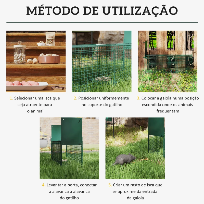 Outsunny Armadilha para Animais Vivos 60x18x20 cm com Porta Gaiola de Captura para Coelhos Raposas Pequenas Verde Escuro
