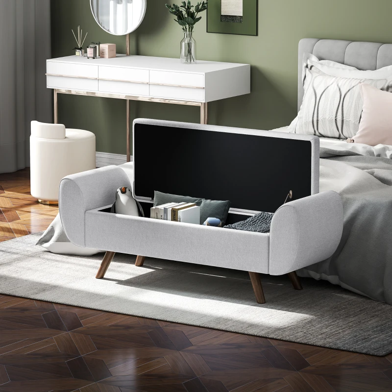 HOMCOM Panca Contenitore Fondo Letto con Braccioli in Tessuto, Gambe in Legno e Vano da 53.8L, 132x42x50 cm, Grigio(m-9)