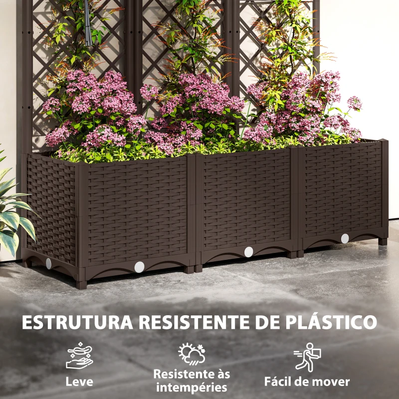 Outsunny Floreira com Treliça de PP com Drenagem e Amplo Espaço para Plantas Trepadoras Vaso com Suporte para Jardim 120x40x135 cm Marrom