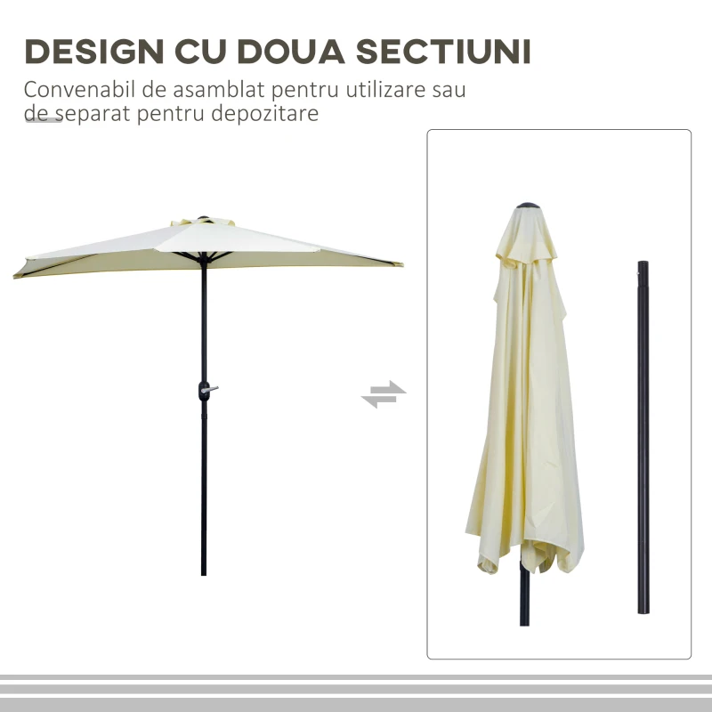 Outsunny Umbrelă Semicirculară de Perete cu Manivelă și 5 Spițe, 2.6x1.35x2.3 m, Bej
