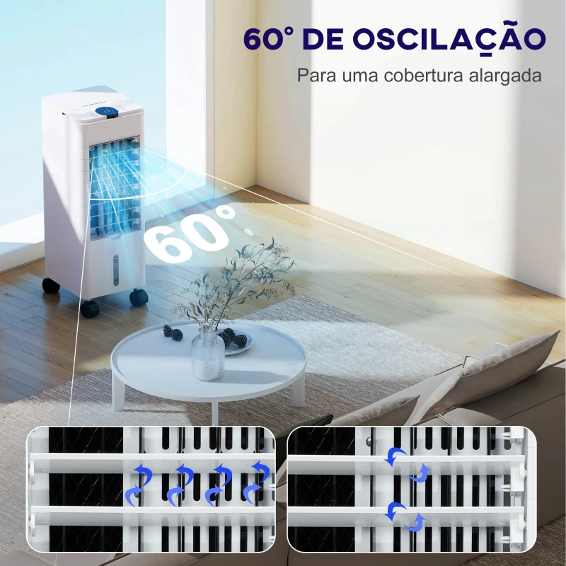 HOMCOM Climatizador  3 em 1 Portátil 60W com 3 Velocidades Temporizador até 12H Depósito de 3,8 L Oscilação de 60º 24x21,5x59 cm Branco