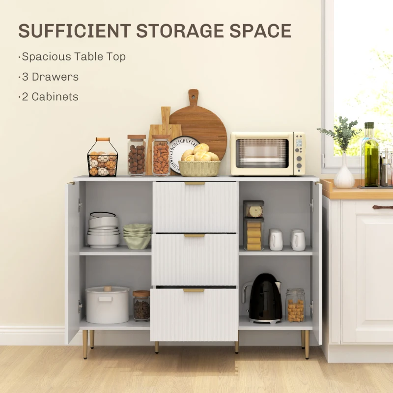 HOMCOM Dulap de Depozitare pentru Bucatarie cu 3 Sertare, Rafturi Reglabile și Picioare Metalice, 120x40x89,5 cm, Alb