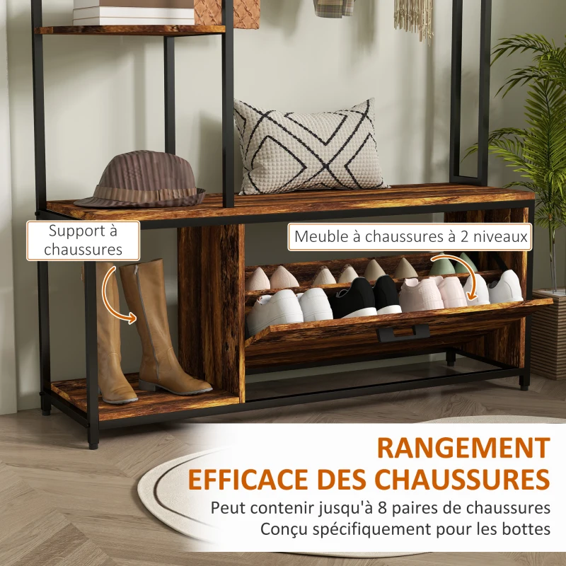 HOMCOM Porte-manteau avec étagère à chaussures 10 crochets, 3 étagères, armoire à chaussures rabattable 2 niveaux, marron