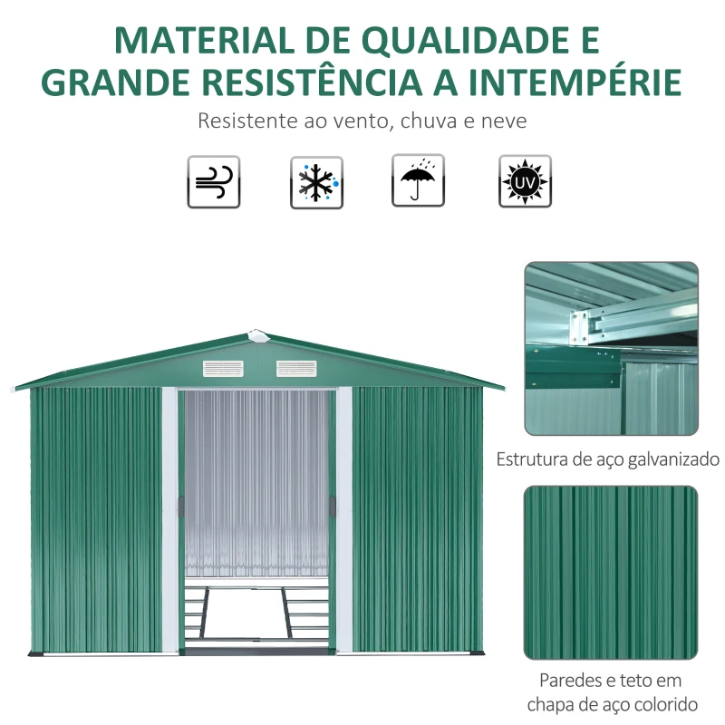 Outsunny Abrigo de Jardim 258x206x178cm 5,3m² Abrigo de Aço Galvanizado com Portas de Correr e Ventilações para Armazenamento de Ferramentas Jardinagem Verde