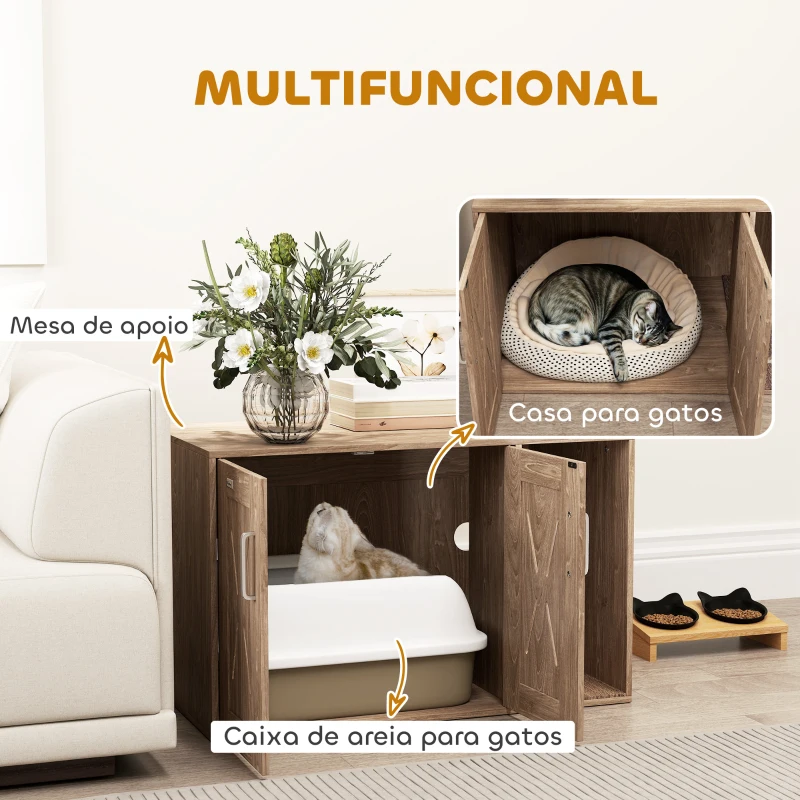 PawHut Móvel Caixa de Areia para Gatos 3 em 1 com Portas Tapete para Arranhar e Compartimento p 80x48x50,5 cm Castanho