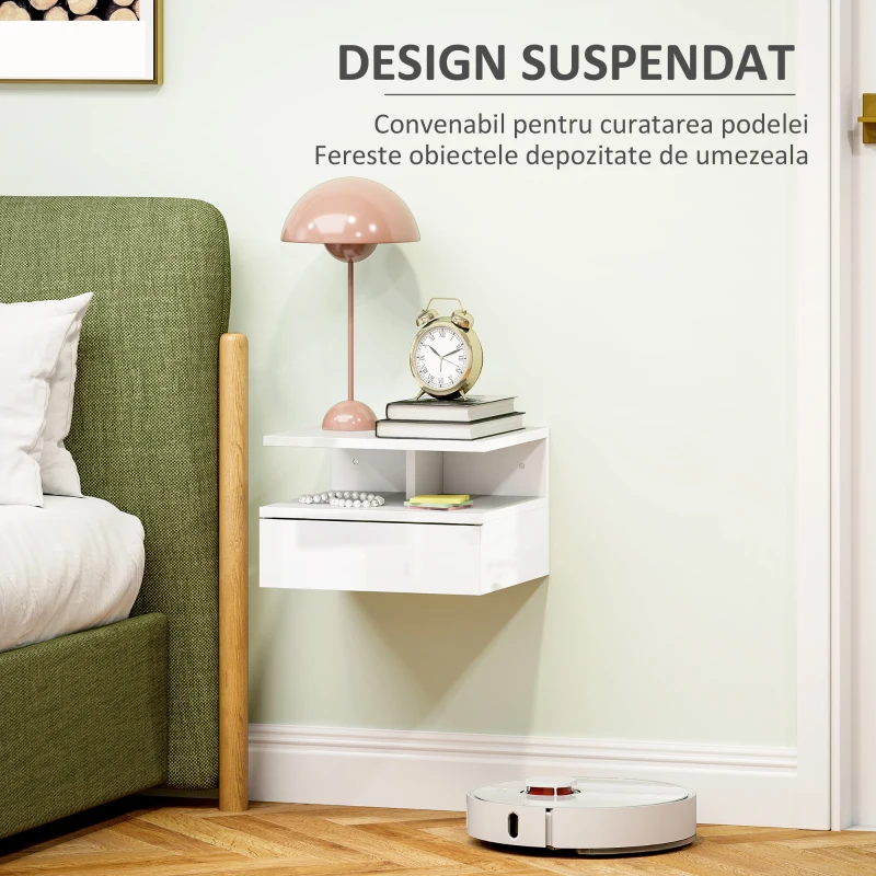 HOMCOM Noptieră Suspendată cu Sertar și Raft Superior din Lemn, 35x32x22.5 cm, Alb Lucios