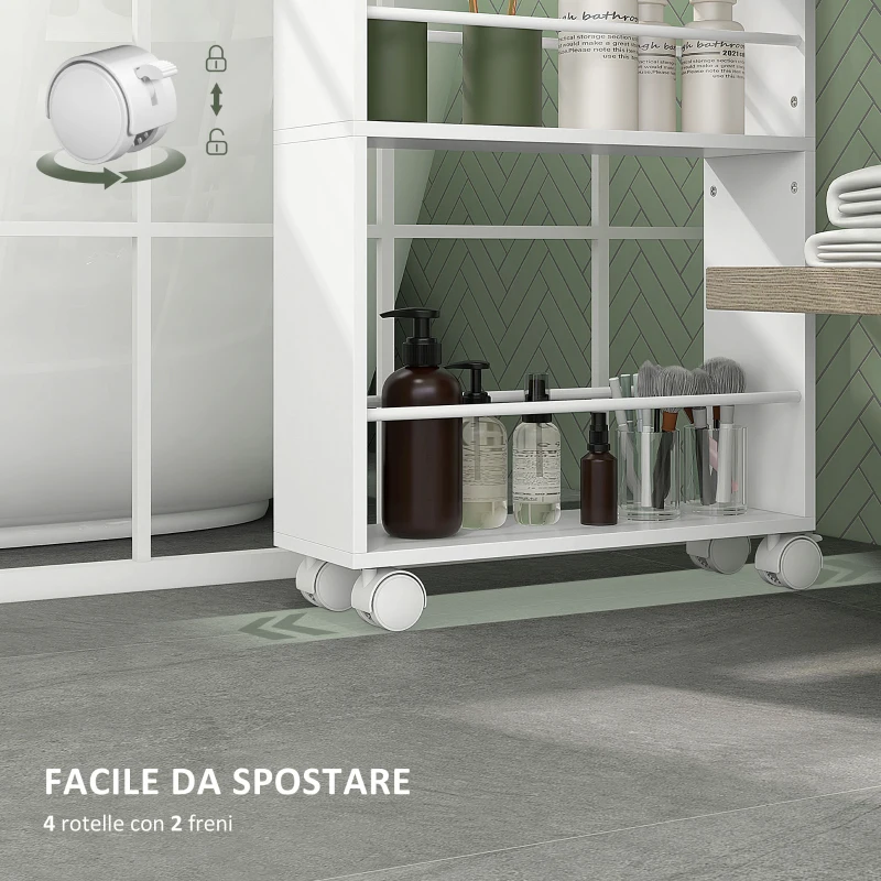 HOMCOM Carrello da Cucina e Bagno Salvaspazio a 3 Livelli con Barre Laterali e Ruote con Freni, Bianco
