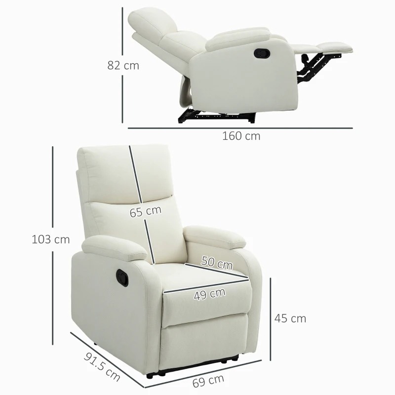 HOMCOM Fotoliu Recliner din In cu Suport Reglabil pentru Picioare, 69x91,5x103 cm, Alb crem