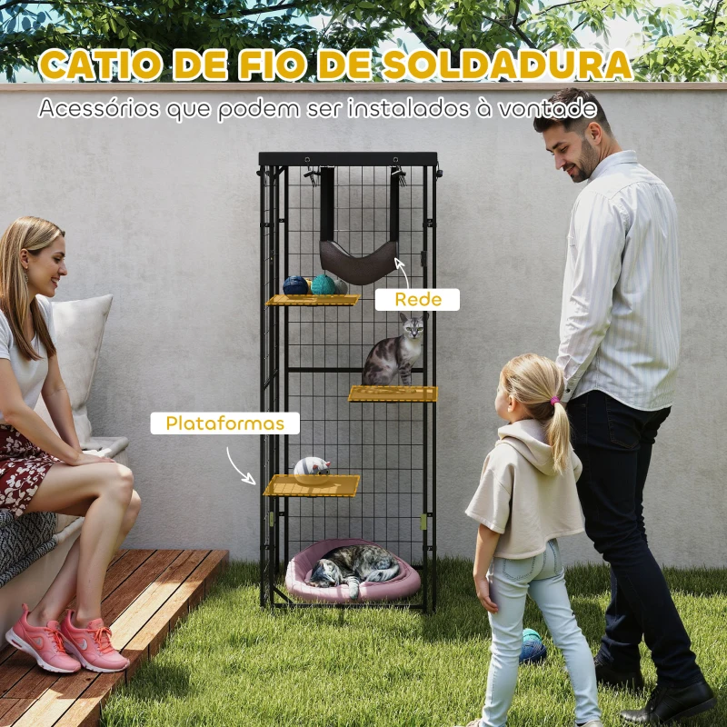 PawHut Gaiola para Gatos Recinto para Gatos com Cobertura Impermeável 3 Plataformas Rede  Almofadas e Porta para 1-2 Gatos 61,5x55x157 cm Preto