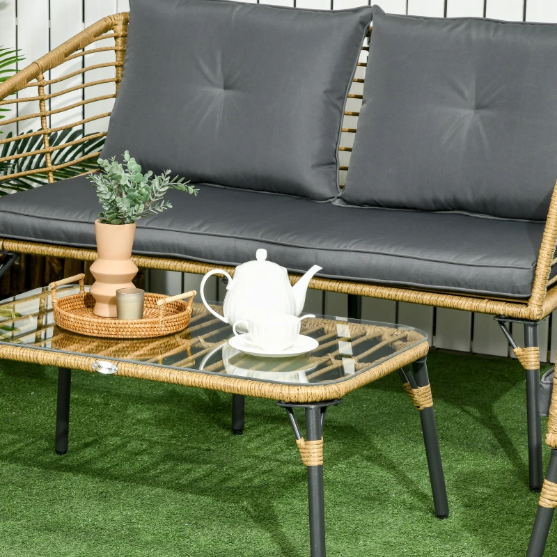 Outsunny Set Mobilier de Grădină din Ratan cu Canapea, 2 Fotolii cu Perne și Măsuță, 131x63x76 cm, Gri Închis