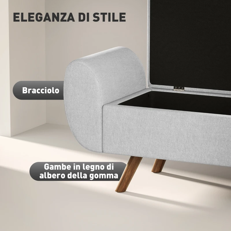 HOMCOM Panca Contenitore Fondo Letto con Braccioli in Tessuto, Gambe in Legno e Vano da 53.8L, 132x42x50 cm, Grigio(m-4)