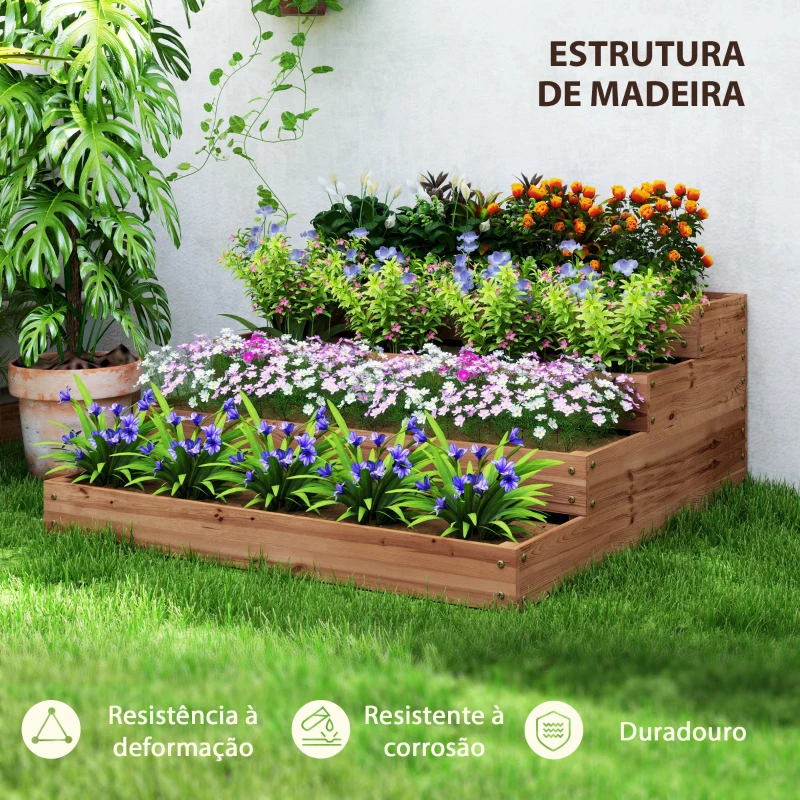 Outsunny Floreira de Madeira Elevada de 4 Níveis com Desenho em Escada para Cultivos Plantas e Flores  113x113x46 cm Castanho Escuro