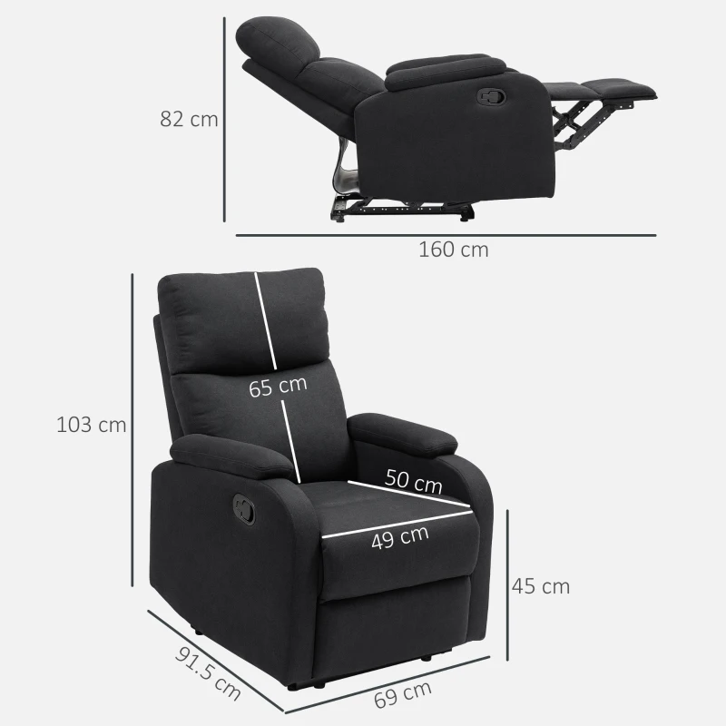 HOMCOM Fotoliu Recliner din In cu Suport Reglabil pentru Picioare, 69x91,5x103 cm, Negru