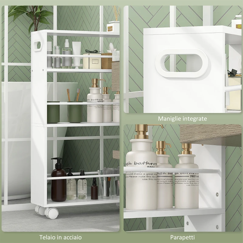 HOMCOM Carrello da Cucina e Bagno Salvaspazio a 3 Livelli con Barre Laterali e Ruote con Freni, Bianco