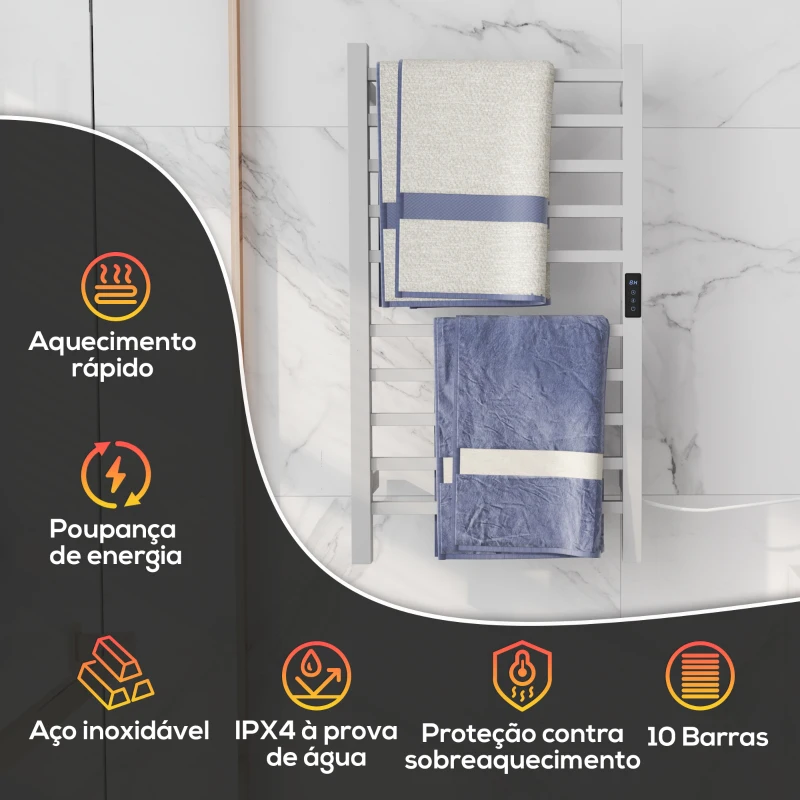 HOMCOM Toallero Elétrico de Parede 110W com Controlo WIFI Ecrã Tátil Temporizador 10 Barras Temperatura Ajustável Baixo Consumo IPX4 45x11x80 cm  Branco
