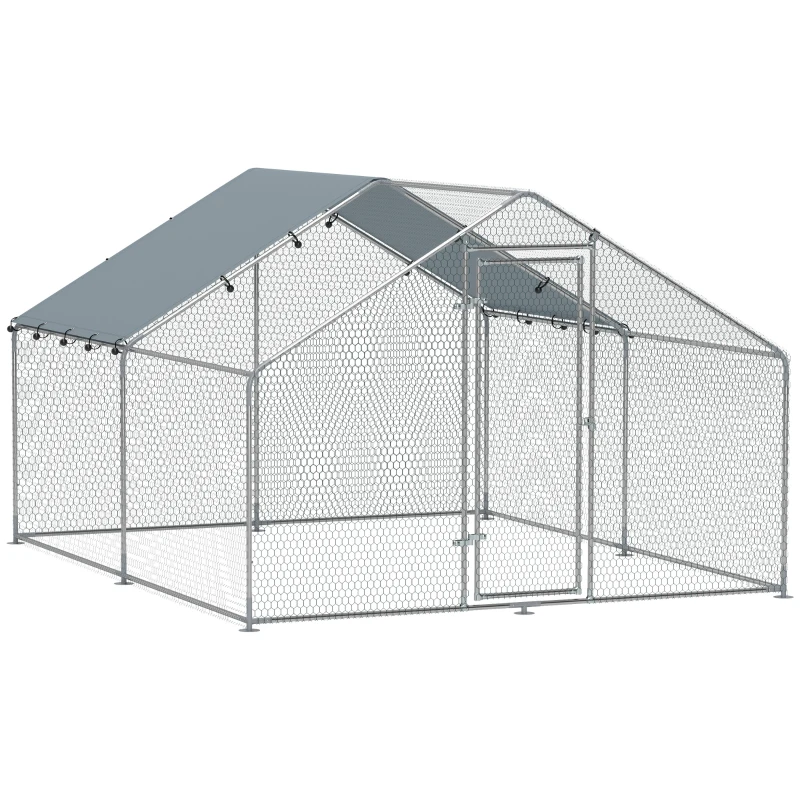 PawHut Coteț pentru Găini din Metal cu Copertină Impermeabilă și Rezistentă la UV, 3x3,4x1,9 m, Argintiu(m-11)
