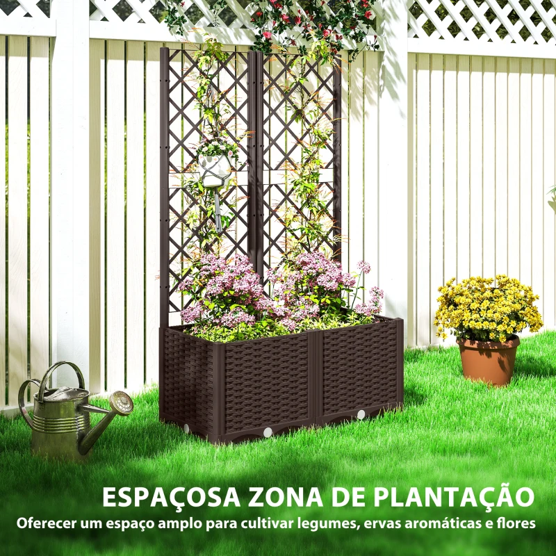 Outsunny Floreira com Treliça de PP com Drenagem e Amplo Espaço para Plantas Trepadoras Vaso com Suporte para Jardim 80x40x135 cm Marrom