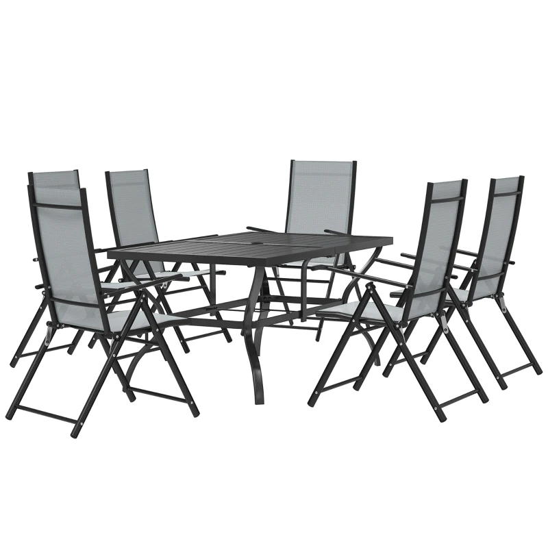 Outsunny Set pentru Grădină din 7 Piese, cu 6 Scaune Pliabile și Masă cu Orificiu pentru Umbrelă, 150x90x71 cm, Gri