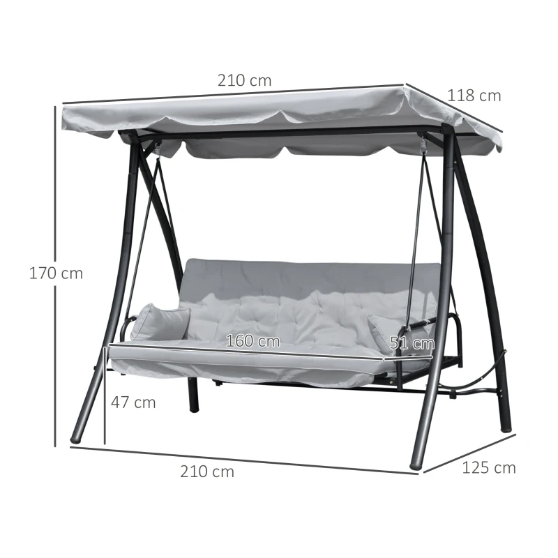 Outsunny Hollywoodschaukel Gartenschaukel Schaukel Schaukelbank mit Liege-Funktion, 3 Sitzer, Metall+Polyester, Grau, 209 x 114 x 170 cm