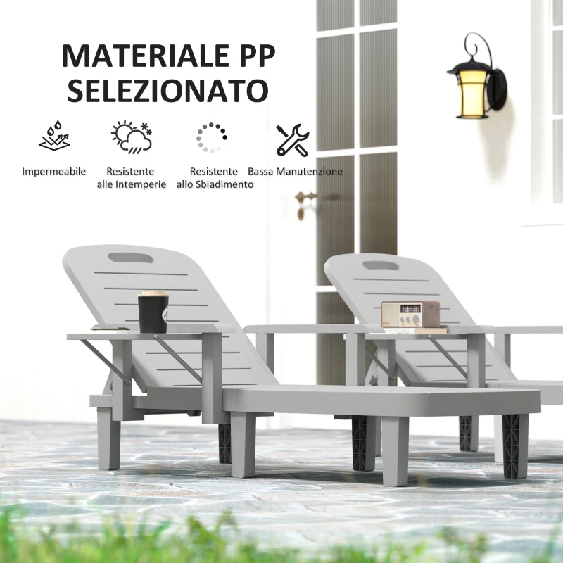 Outsunny Set 2 Sdraio da Giardino Regolabili con Tavolino e Braccioli, in Polipropilene, 79x158x88 cm, Grigio Chiaro