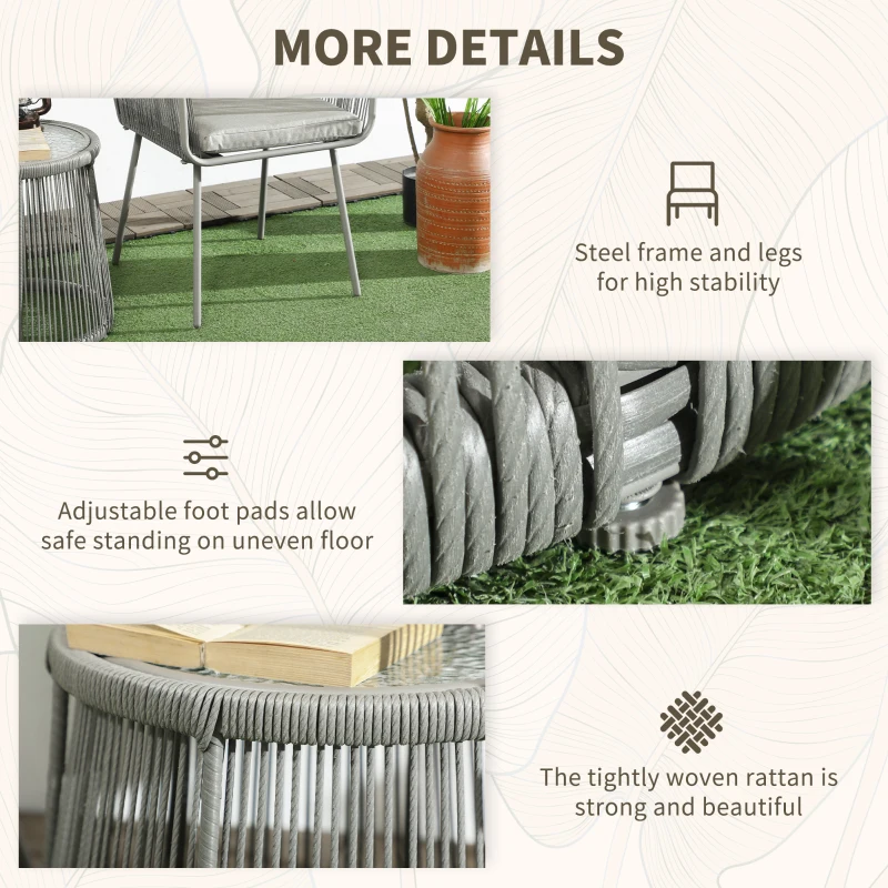 Outsunny Set Mobilier de Grădina cu 2 Scaune și Măsuță de Cafea cu Blat din Sticlă, Ø49x47 cm, Gri