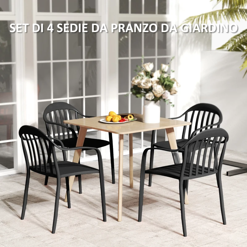 Outsunny Set 4 Sedie da Giardino Impilabili in PP con Schienale Alto e Braccioli, 57x54x78 cm, Nero