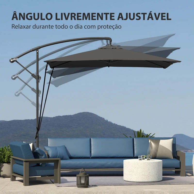 Outsunny Chapéu de Sol Excêntrico 247x247 cm com Base Cruzada Capa Ajustável Manivela Capa Protectora e Corda de Vento Cinza Escuro