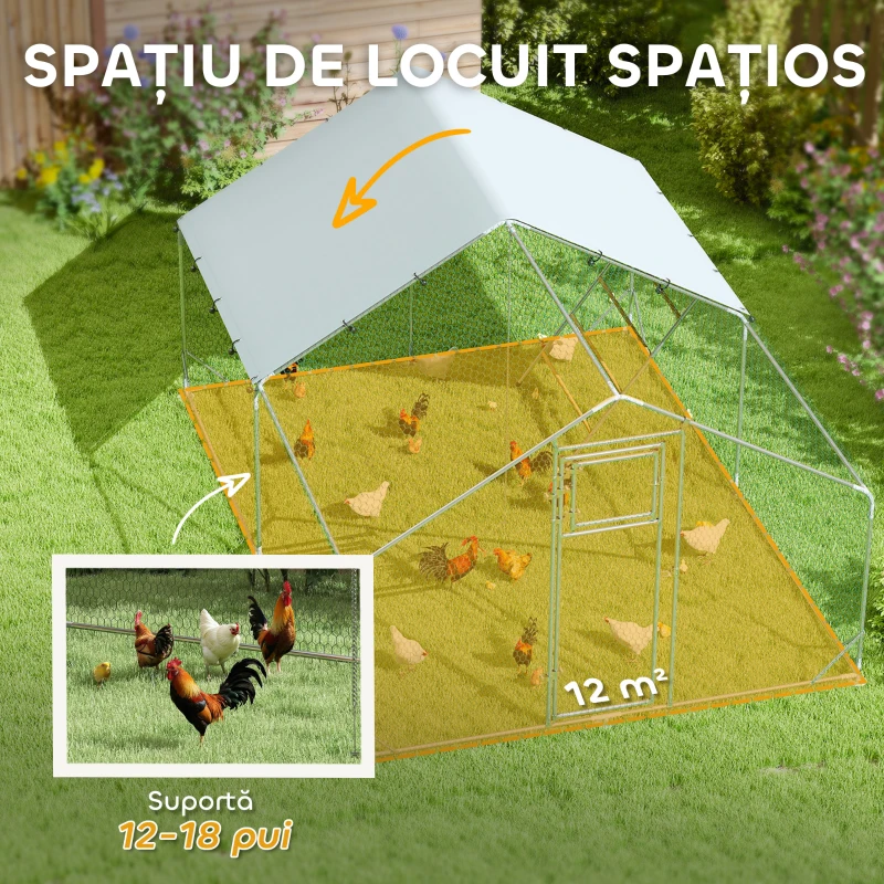 PawHut Coteț pentru Găini cu Acoperiș Impermeabil și Rezistent la UV, Hrănitor și Usă, 300x400x195 cm, Argintiu(m-4)