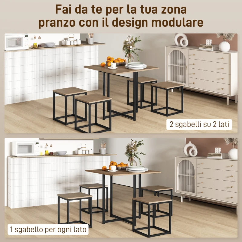 HOMCOM Set 5 Pezzi Sedie Tavolo Sala da Pranzo Moderne in Stile Industriale, Legno e Metallo, Nero e Color Legno