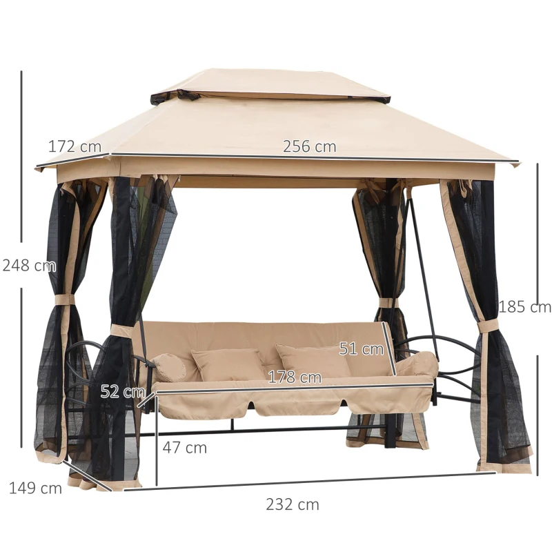 Outsunny Dondolo da Giardino 3 Posti Lettino e Gazebo Design 3 in 1 con Tettuccio, 256x172x248cm, Beige